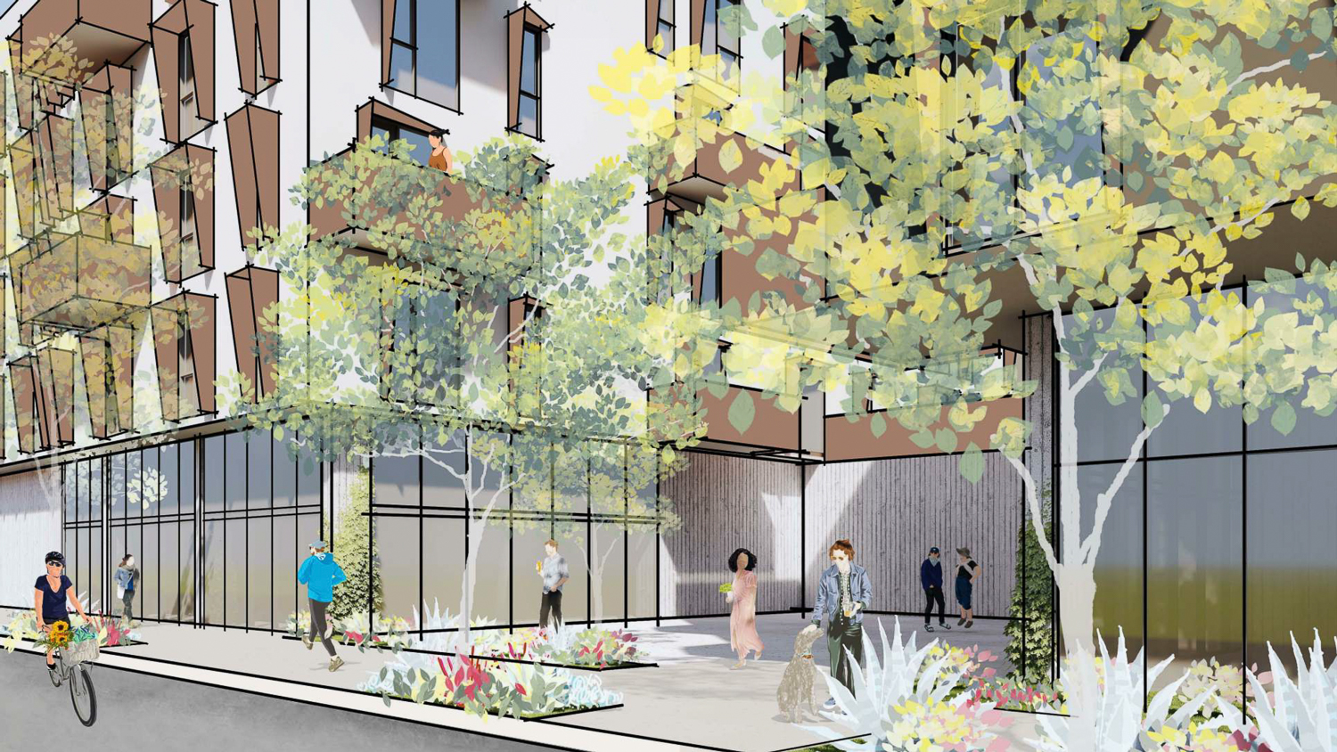 3001 El Camino Real entry courtyard, concept sketch by David Baker Architects
