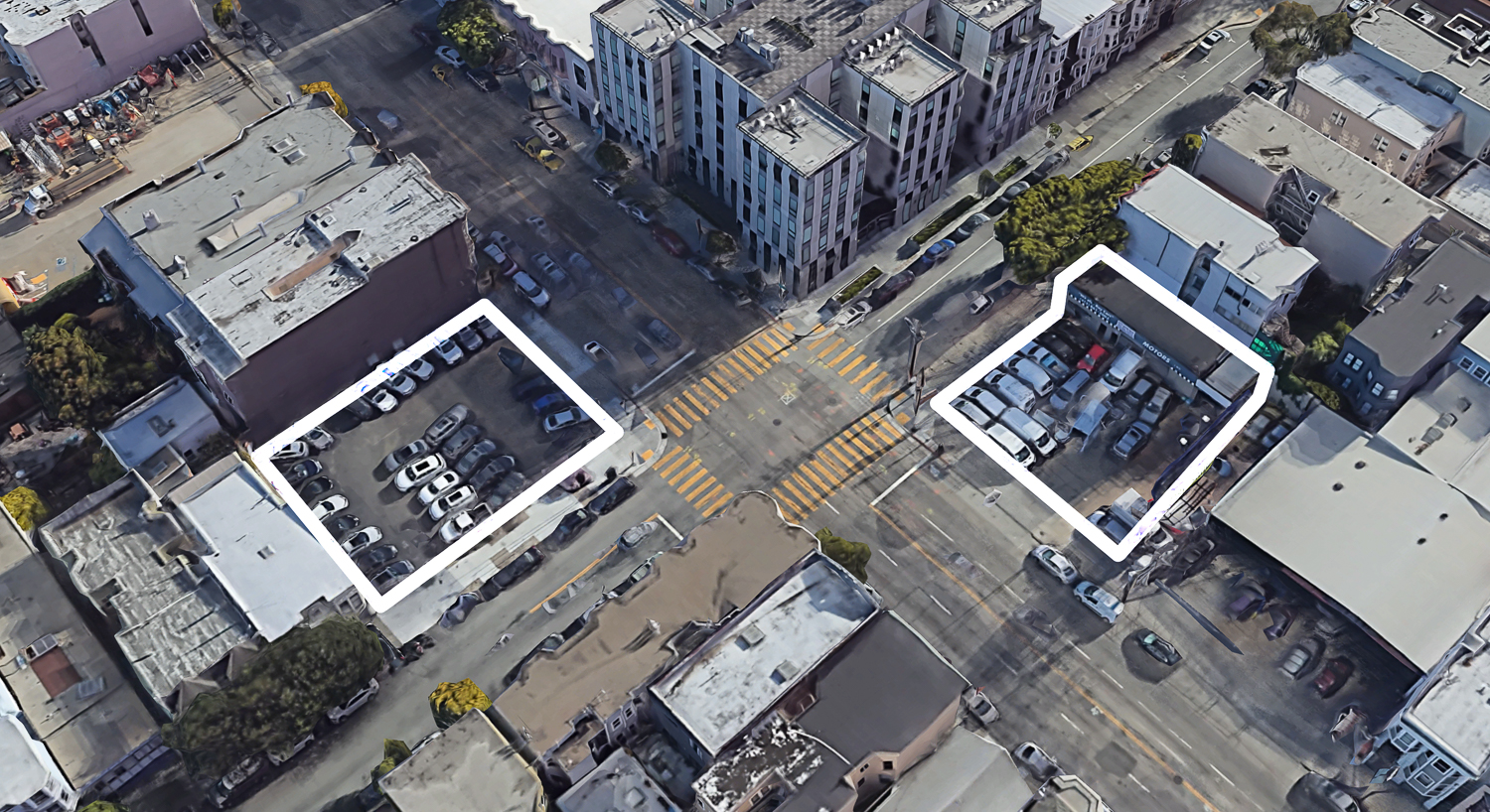 401 South Van Ness Avenue. (left) and 1500 15th Street (right), aerial view looking southwest, image via Google Street View