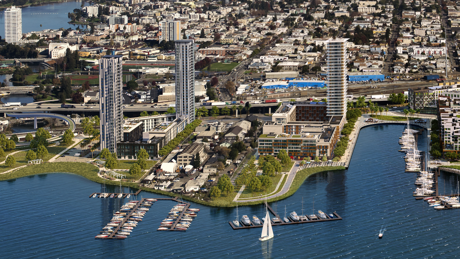 Brooklyn Basin aerial rendering focusing on Parcels K, L, and M, image courtesy Planning Document