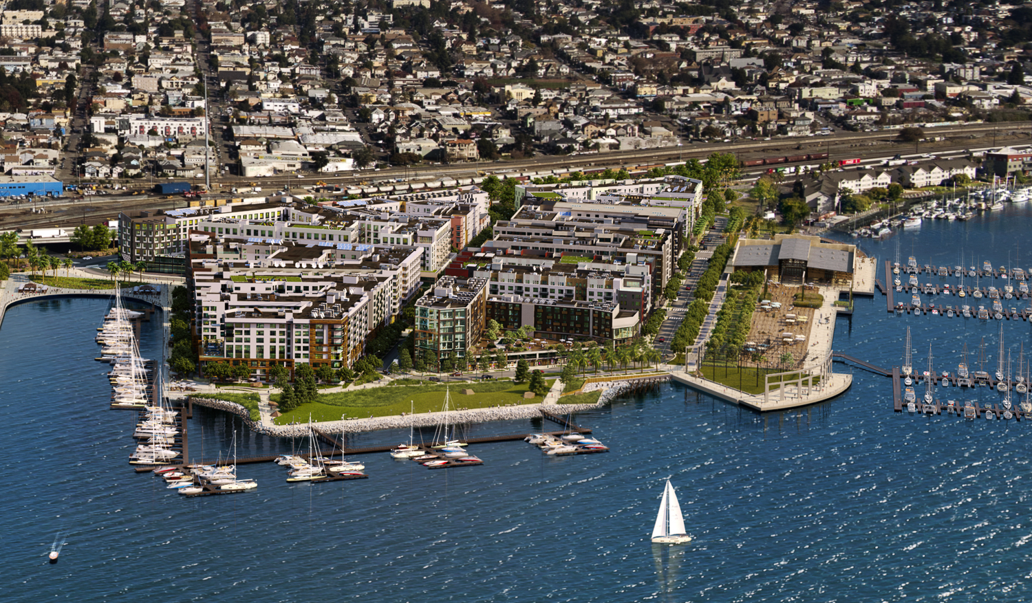 Brooklyn Basin aerial rendering focusing on the first phases of the development, much of which has been built out, image courtesy Planning Document