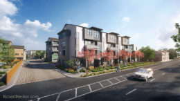Fremont Corners Two townhomes viewed from East Fremont Avenue, rendering by Robert Becker of SDG Architects design