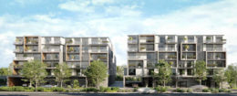Frontal view of 1065 South Winchester Boulevard (right) next to 1073-1087 South Winchester (left), rendering by Carpira Design Group