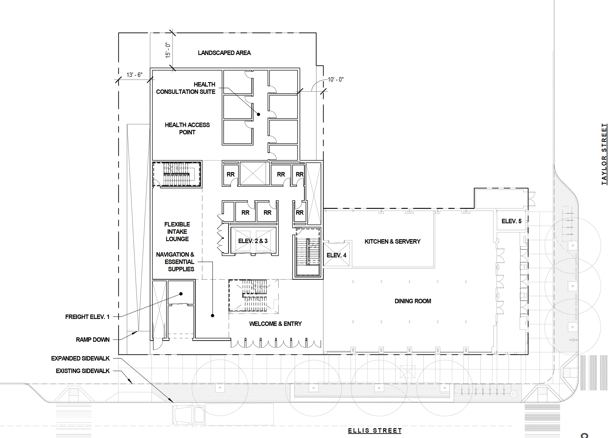 GLIDE Memorial Church and office expansion ground-level floor plan, illustration by EHDD Architecture