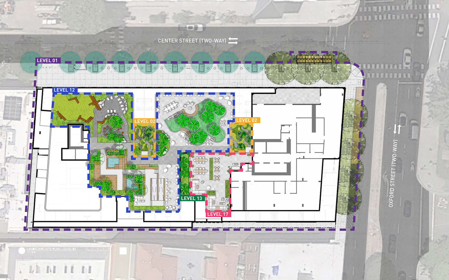 Hub Berkeley landscaping overview, updated design, rendering by the DLR Group