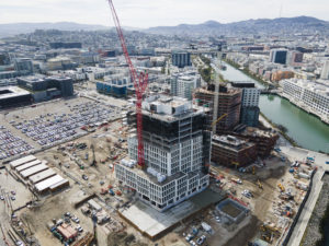 Mission Rock Parcel G facade installation nearing the top floor