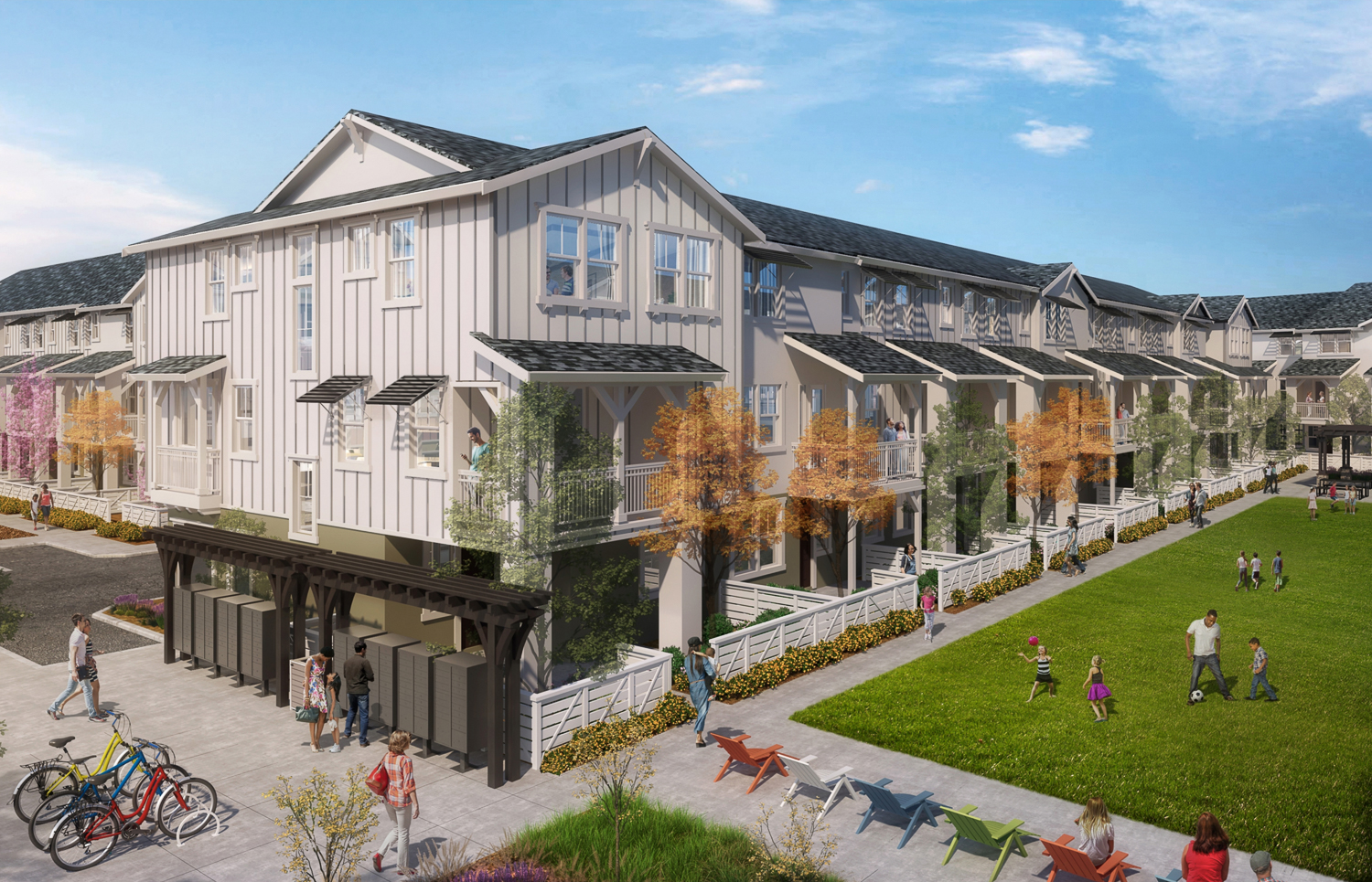 Oak Road 9-unit Townhomes overlooking the central open park, rendering by Robert Becker for SDG Architects