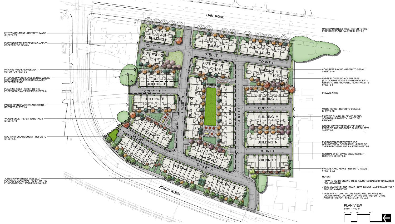 Oak Road Townhomes site map with labeled open space, illustration courtesy SDG Architects