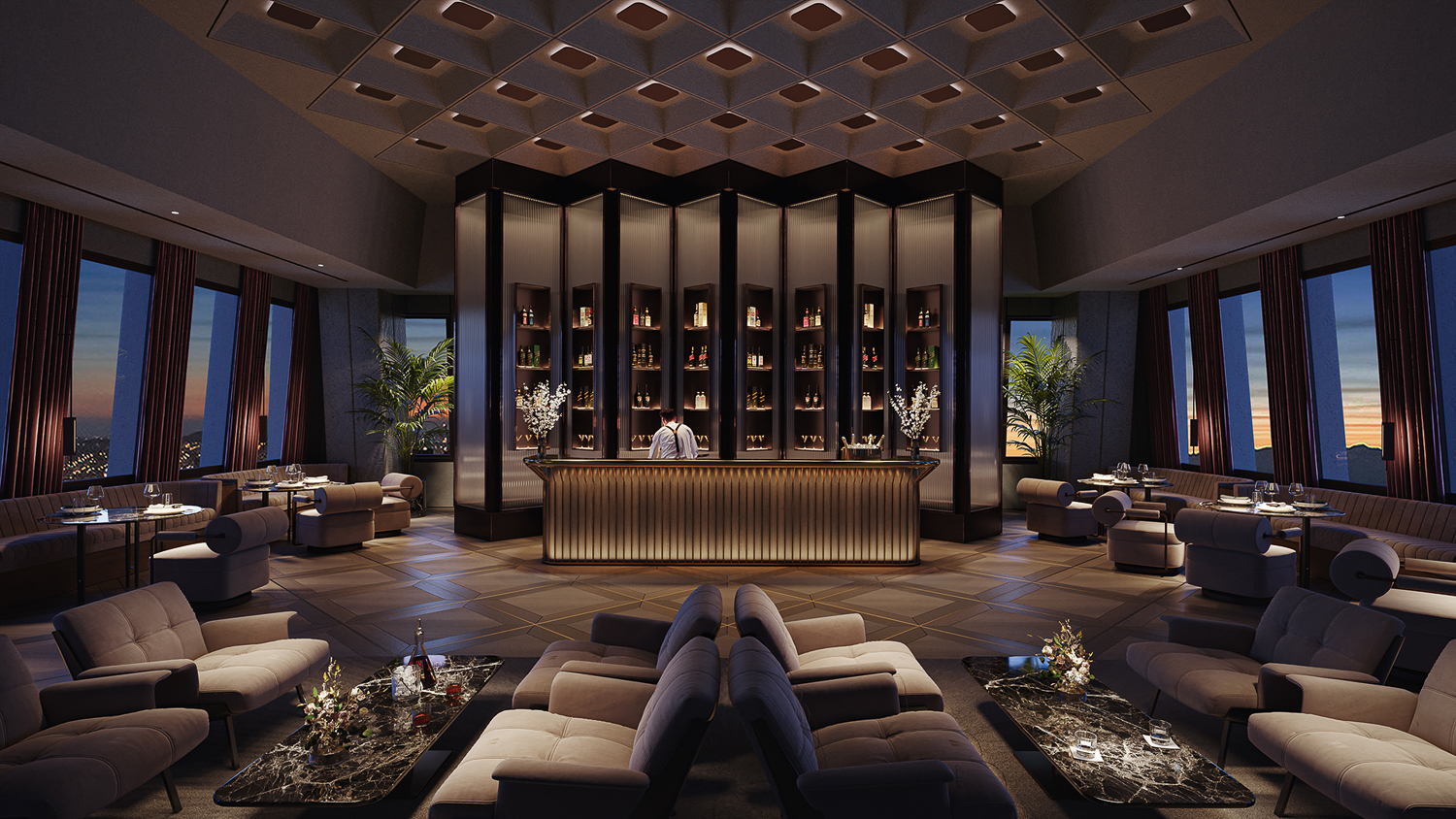 Transamerica Pyramid 48th floor tenants bar and lounge, rendering by BoyeroVisualizers, design by Foster + Partners