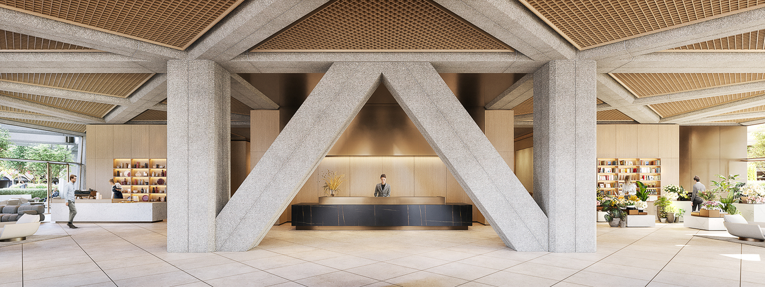 Transamerica Pyramid proposed lobby reception desk, rendering by DBOX, design by Foster + Partners