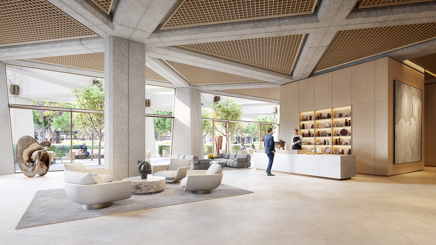 Transamerica Pyramid proposed lobby with exposed concrete lattice ceiling, rendering by DBOX, design by Foster + Partners