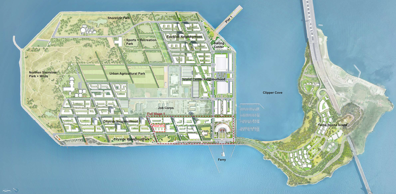 Treasure Island and Yerba Buena Island redevelopment masterplan, with Treasure Island Building C3.4 circled in red