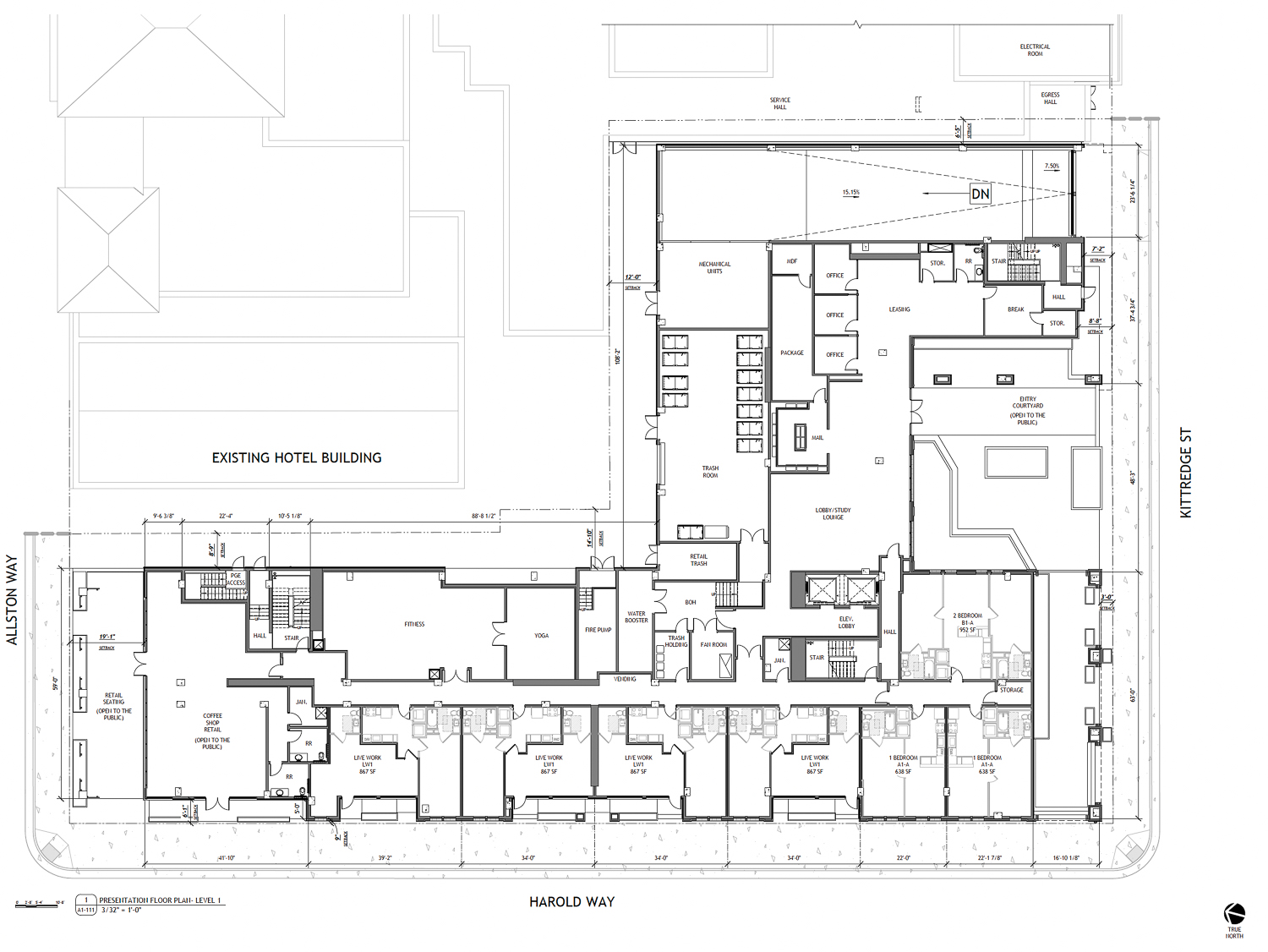2065 Kittredge Street ground-level floor plan, illustration by Niles Bolton Associates