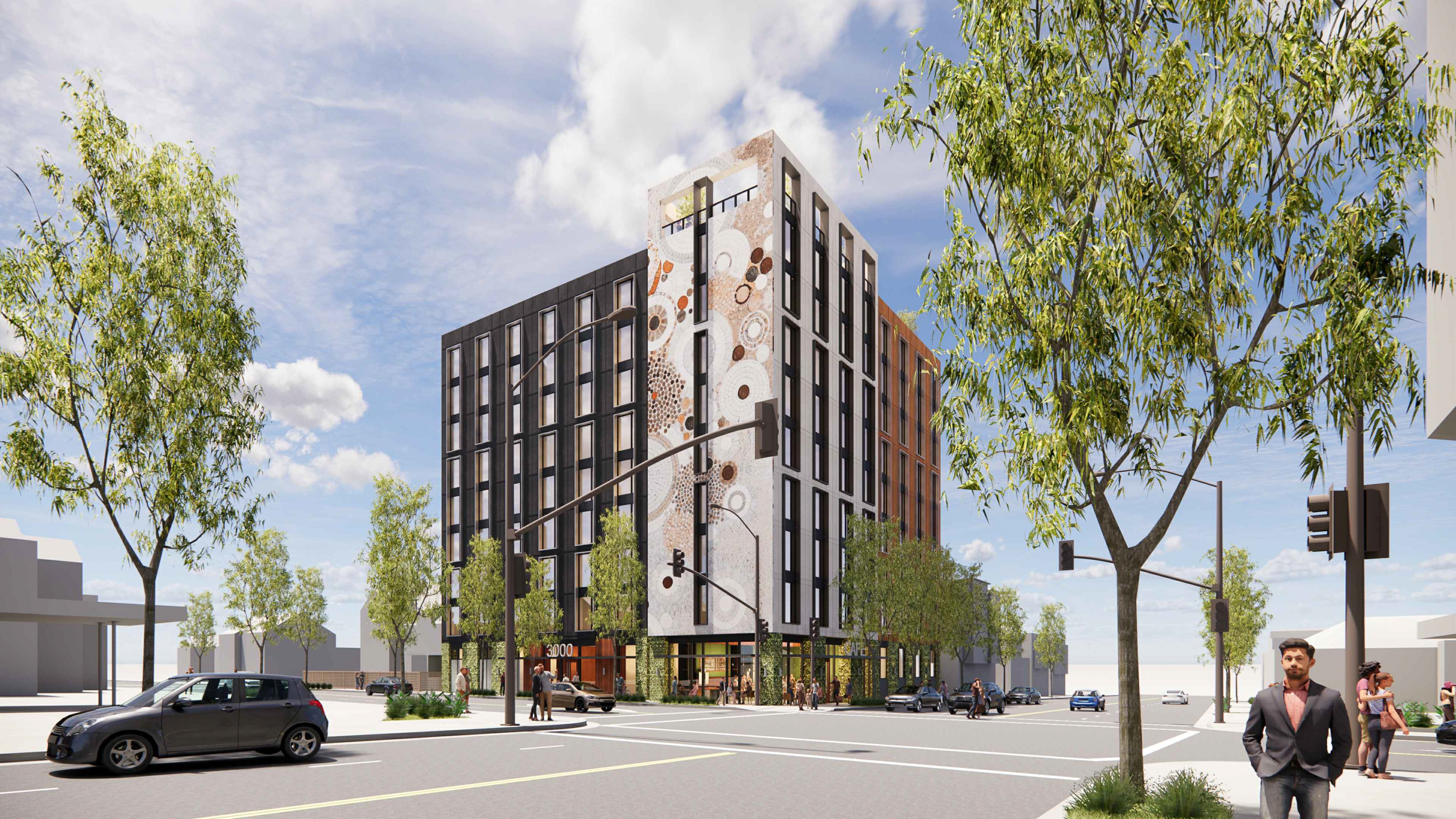 3000 Shattuck Avenue pedestrian view from Ashby, rendering by Trachtenberg Architects