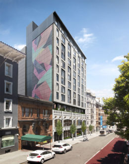 550 O'Farrell Street with concept mural in view, rendering courtesy brick