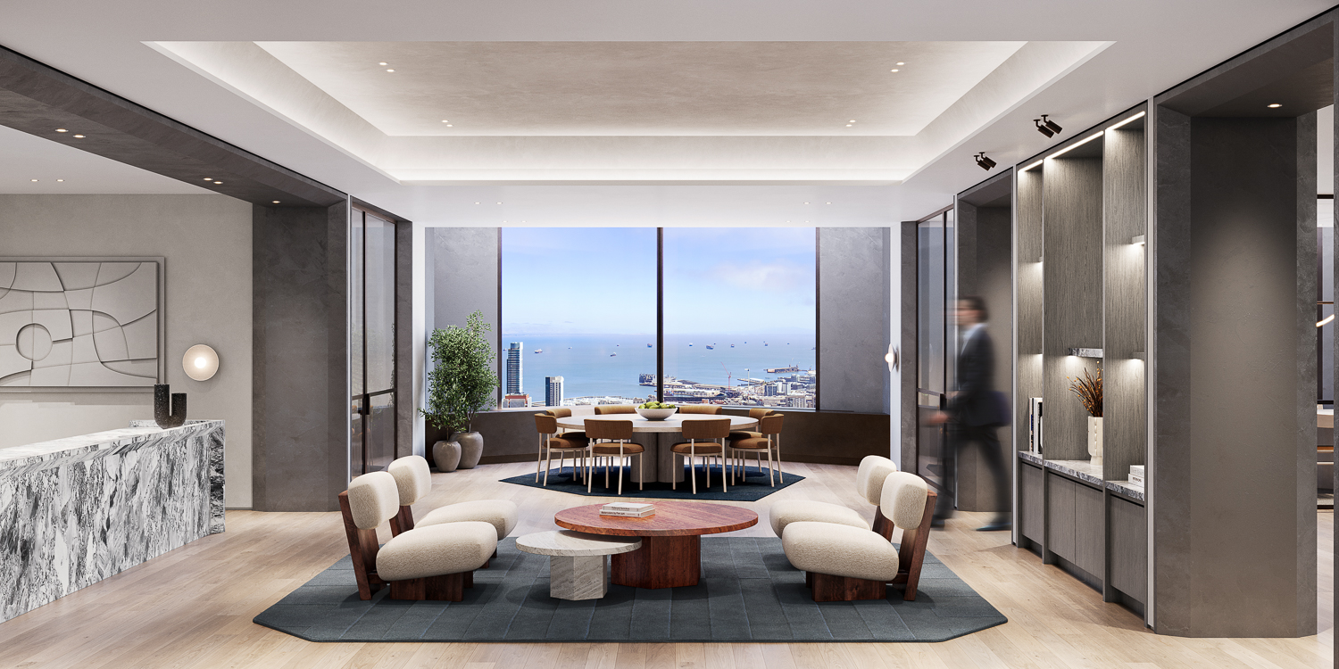 555 California 34th Floor reception room, design by Fogarty Finger, rendering courtesy Vornado