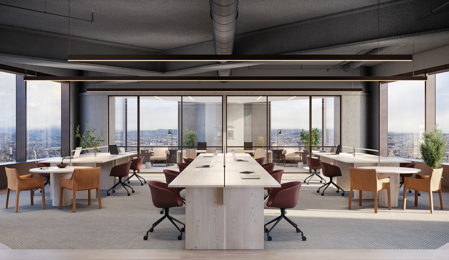 555 California Street 49th floor office open work room, design by Fogarty Finger, rendering courtesy Vornado