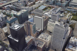 661-667 Howard Street base zoning of 250 feet tall approximately outlined, image via Google Satellite with illustration by SFYIMBY