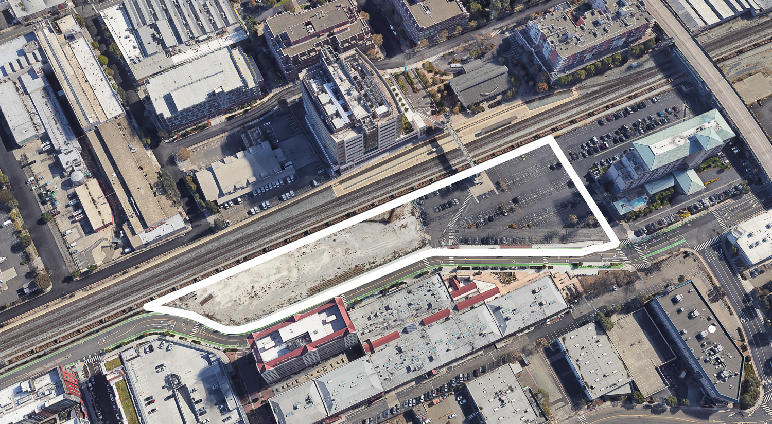 Emeryville Public Market Parcel A and B outlined by SFYIMBY, image via Google Satellite
