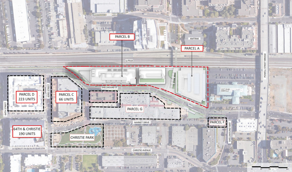 Emeryville Public Market parcels labeled, image by HDR