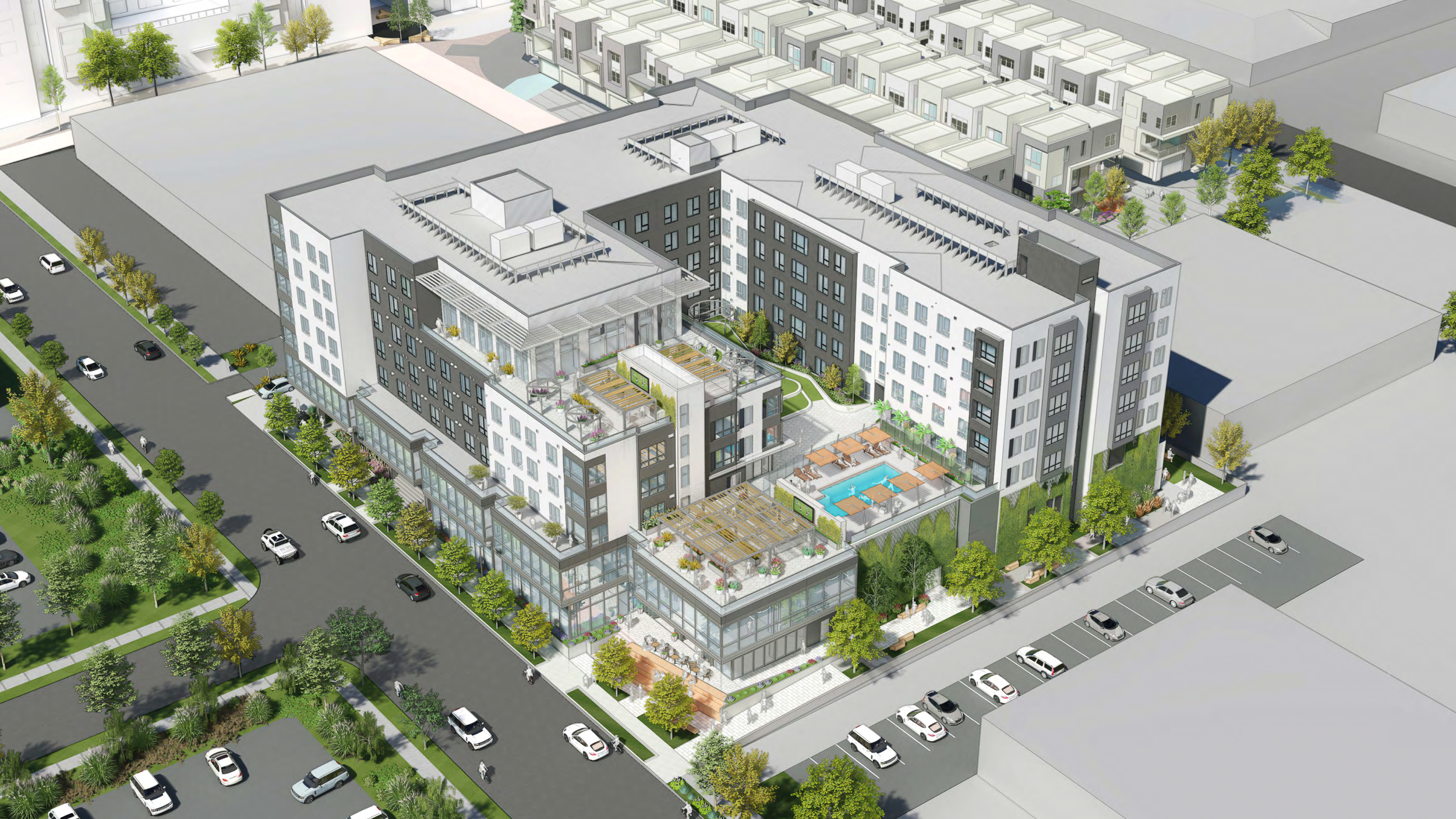 Menlo Flats aerial view, rendering by Heller Manus Architects, BDE Architecture