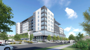 Menlo Flats main entrance view, rendering by Heller Manus Architects, BDE Architecture