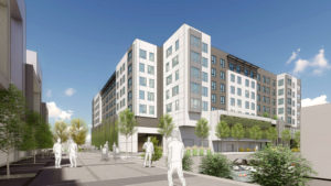 Menlo Flats view from Menlo Uptown Townhome Site, rendering by Heller Manus Architects, BDE Architecture