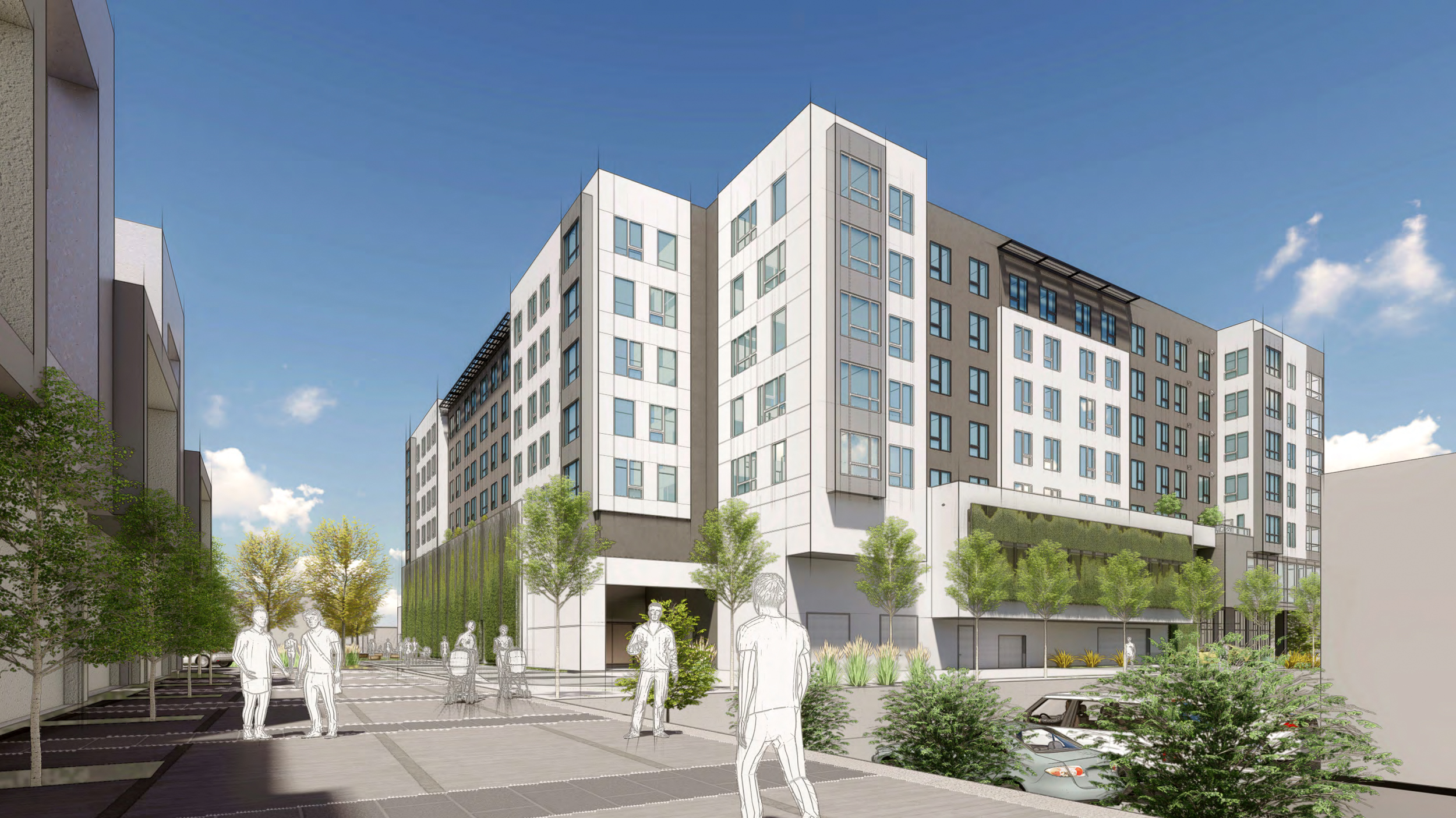 Menlo Flats view from Menlo Uptown Townhome Site, rendering by Heller Manus Architects, BDE Architecture