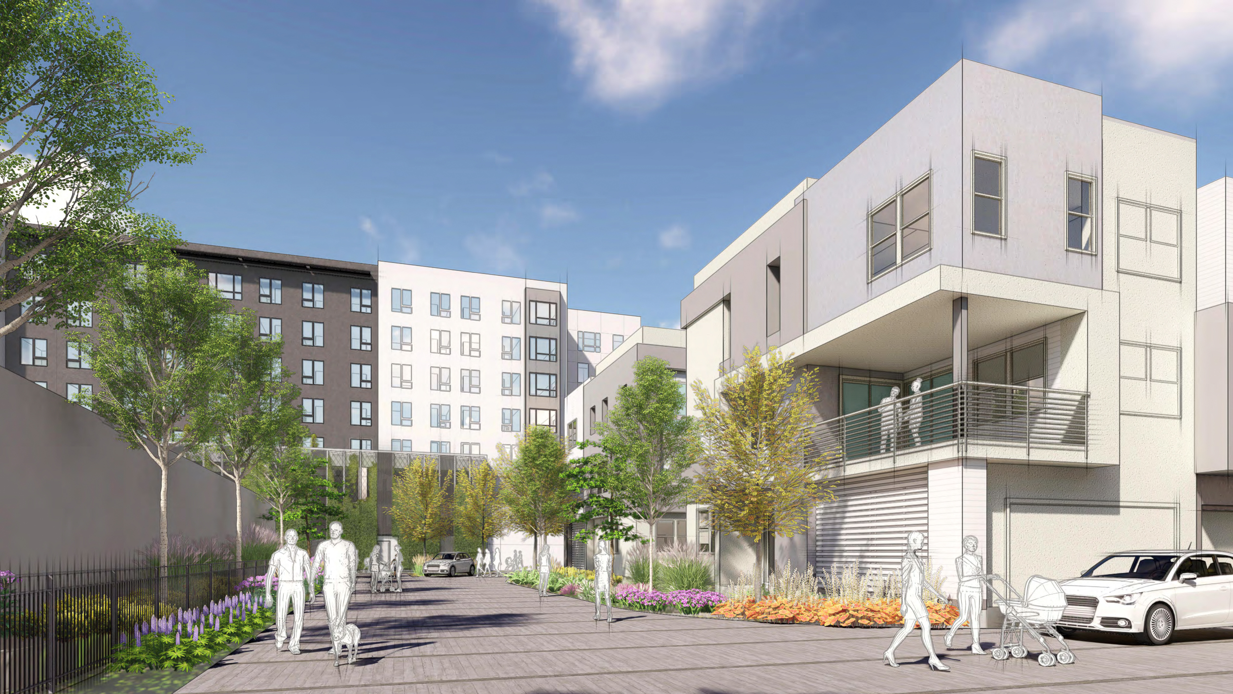 Menlo Flats view from the Meno Uptown townhome site, rendering by Heller Manus Architects, BDE Architecture