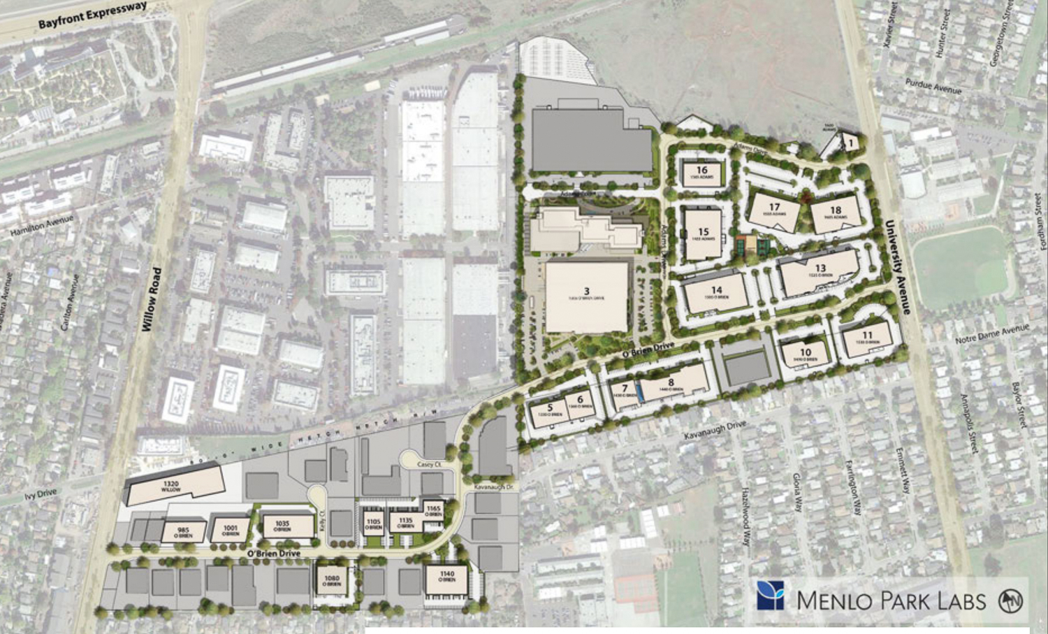 Menlo Park Laps site map, with 1350 Adrian Court unlabeled above Building 3, map from Menlo Park Labs circa 2022
