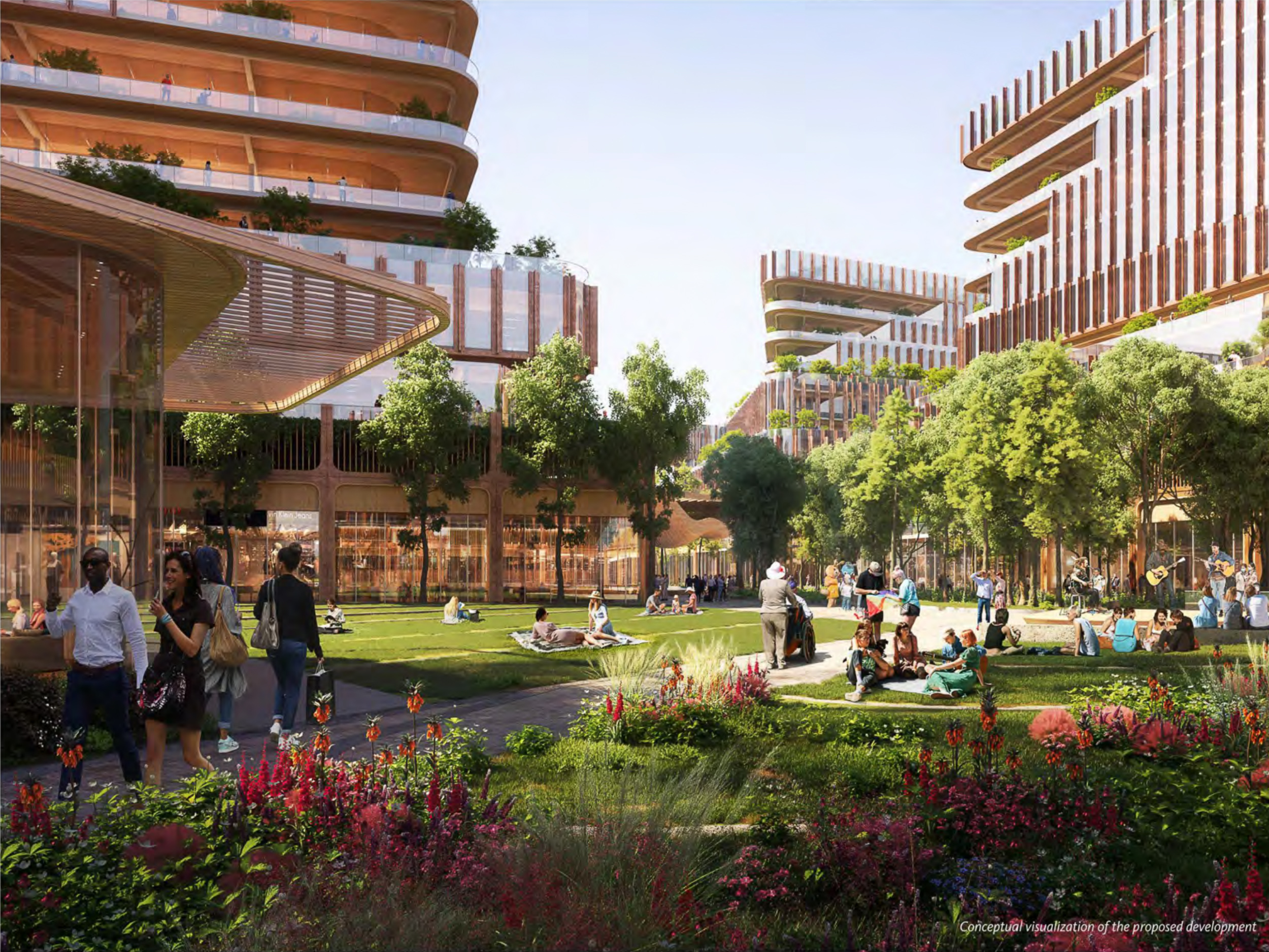 Mission Point public park surrounded by office buildings, rendering by Gensler