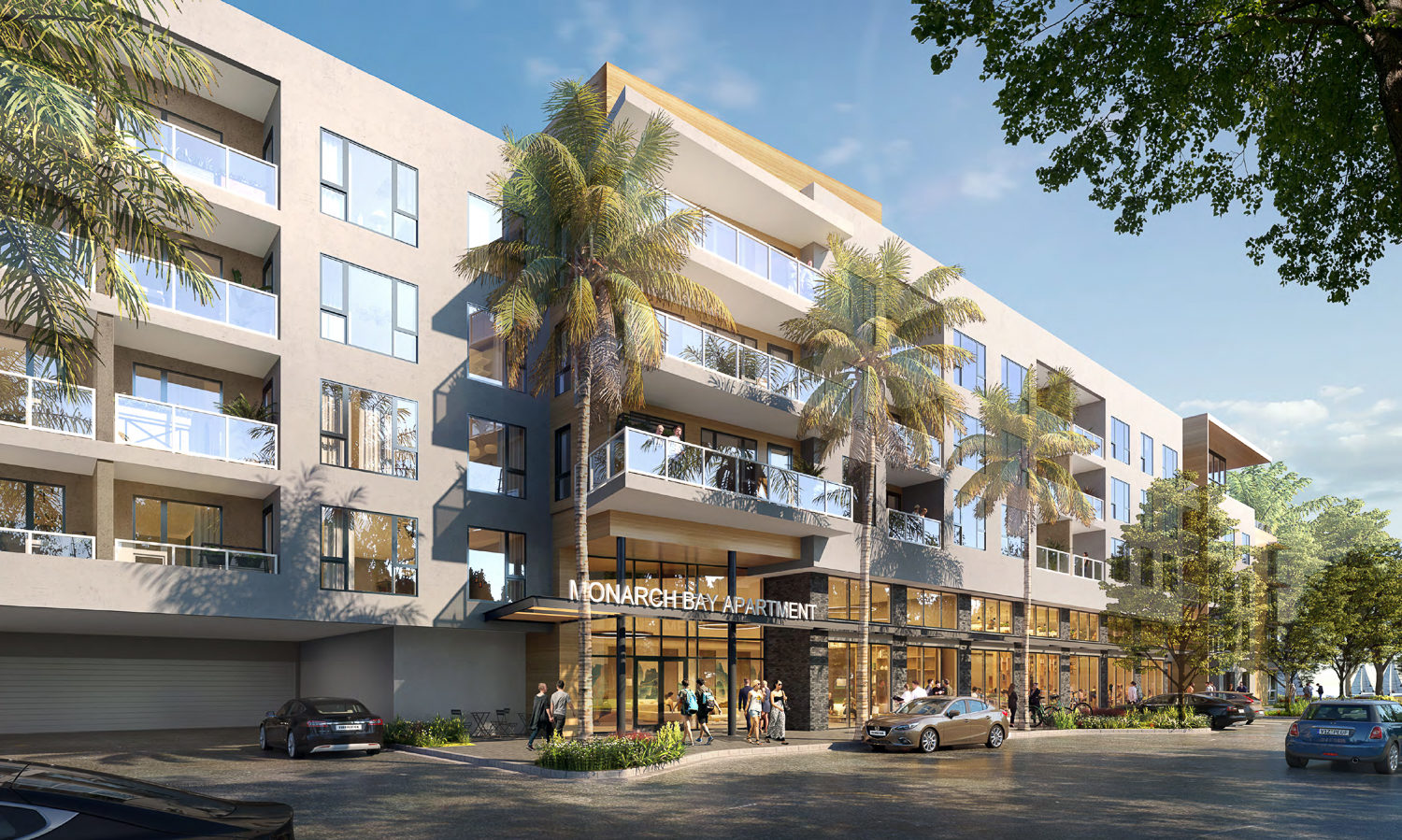 Monarch Bay Apartment Building lobby entrance, rendering by BDE Architecture
