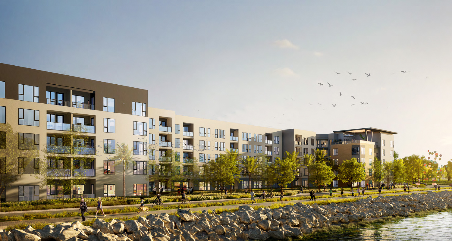 Monarch Bay Apartment Building with the dog park in the foreground, rendering by BDE Architecture