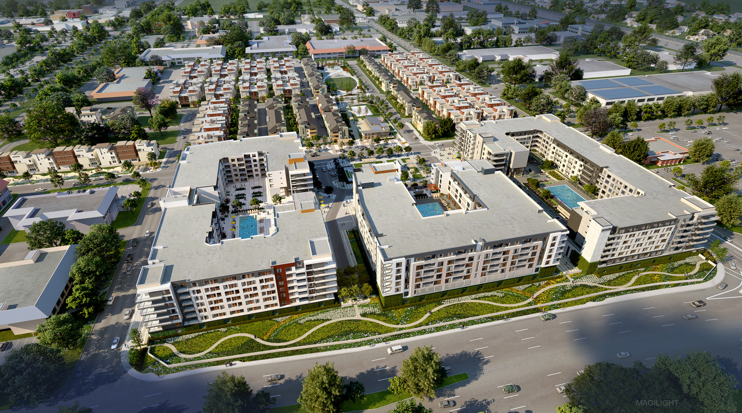 NUEVO Apartments aerial view, rendering courtesy SummerHill Homes