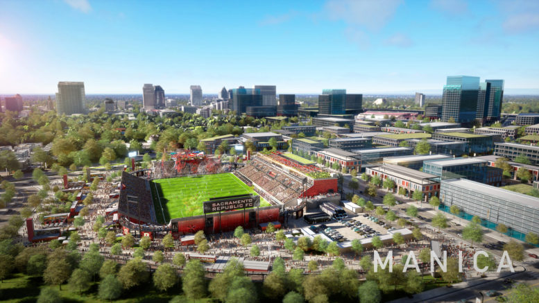 Sacramento Railyards Stadium, rendering courtesy Republic FC, rendering by MANICA Architects
