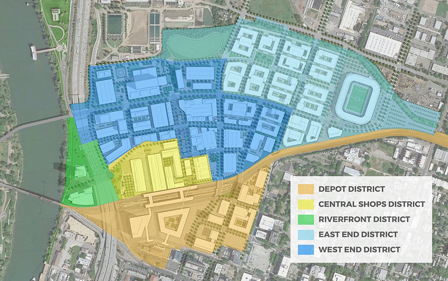 The five districts within The Railyards master plan