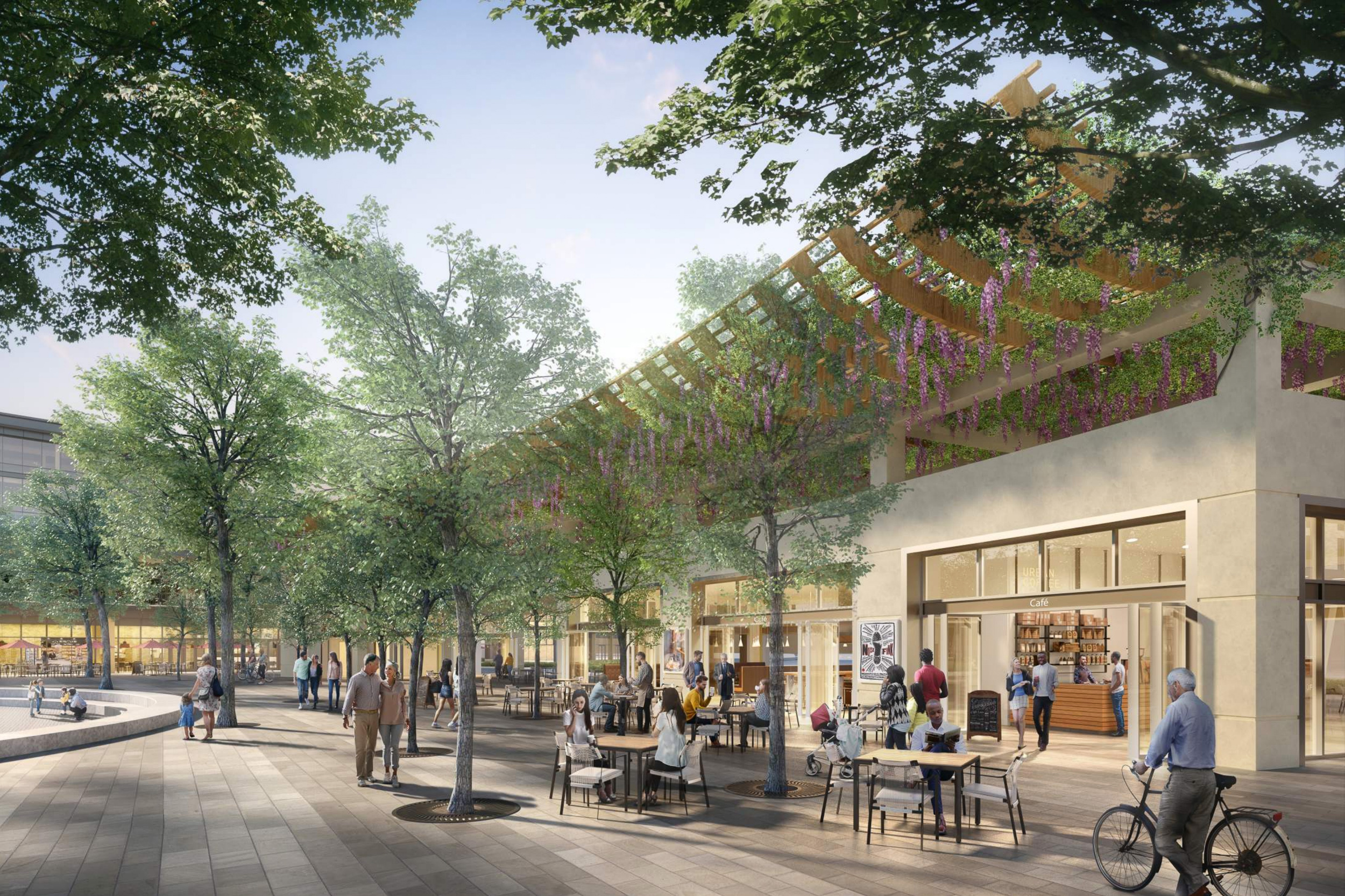 Willow Village Town Square retail and seating, rendering courtesy Peninsula Innovation Partners