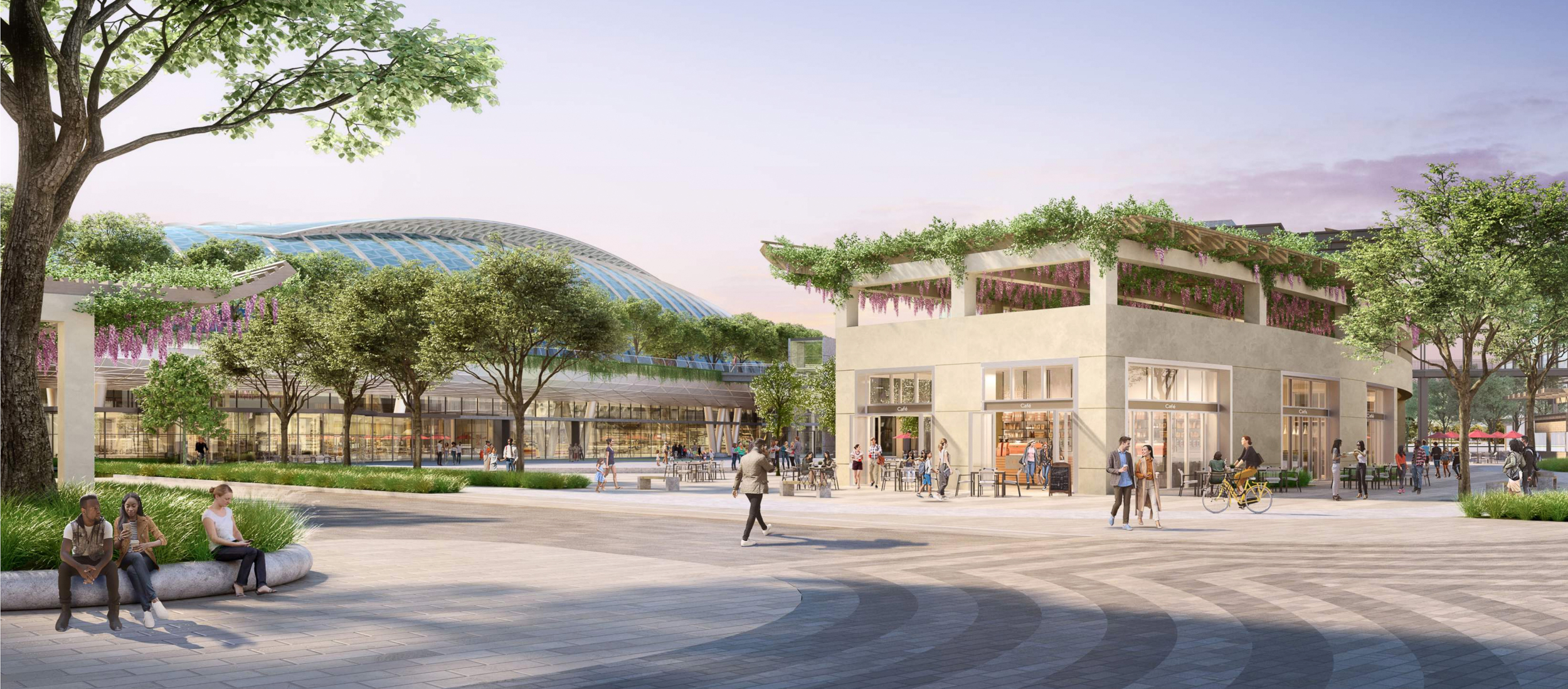 Willow Village Town Square seen from West Street and Main Street, rendering courtesy Peninsula Innovation Partners