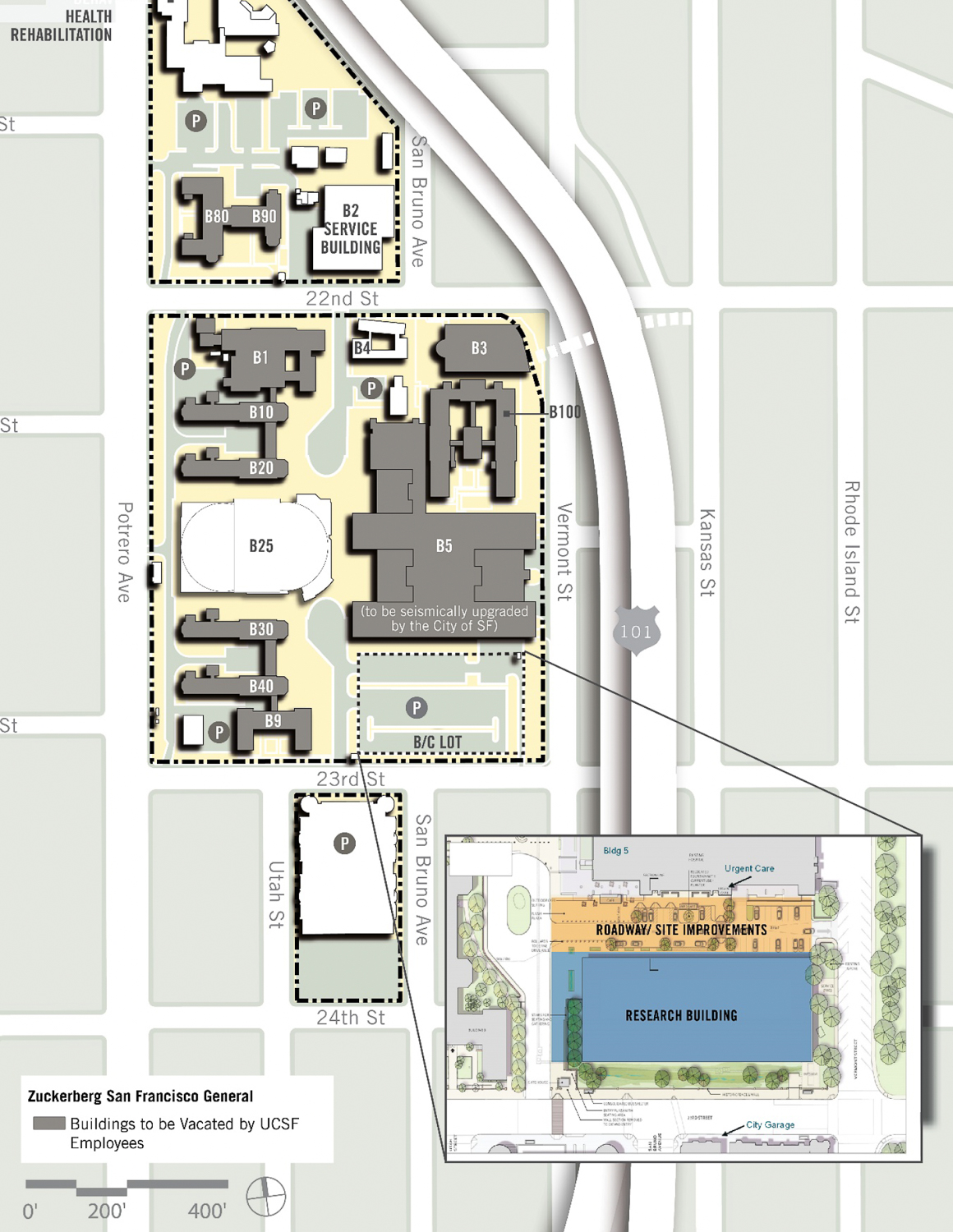 ZSFG Site Map with the new research building indicated in blue, image via UC Regents