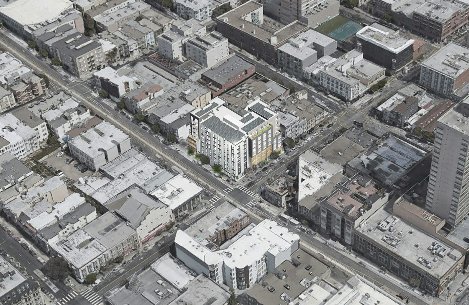 1567 California Street aerial perspective, rendering by David Baker Architects