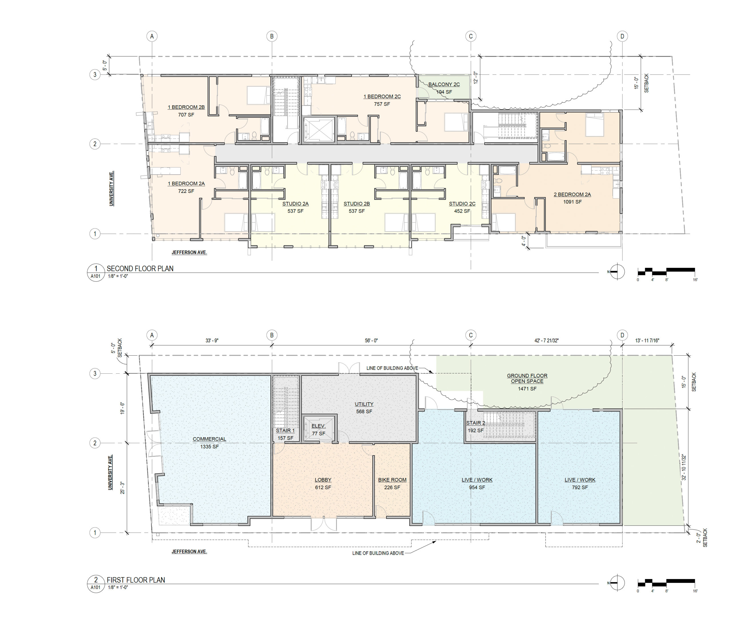 1652 University Avenue floor plans for levels one and two, by Studio KDA