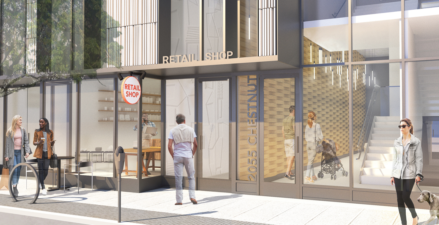 2055 Chestnut Street residential and retail lobby along Chestnut, rendering by Jensen Architects