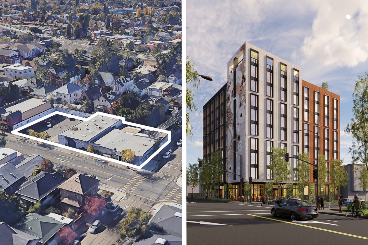 2920 Shattuck Avenue from Google Satellite (left) and rendering of 3000 Shattuck Avenue by Trachtenberg Architects (right)