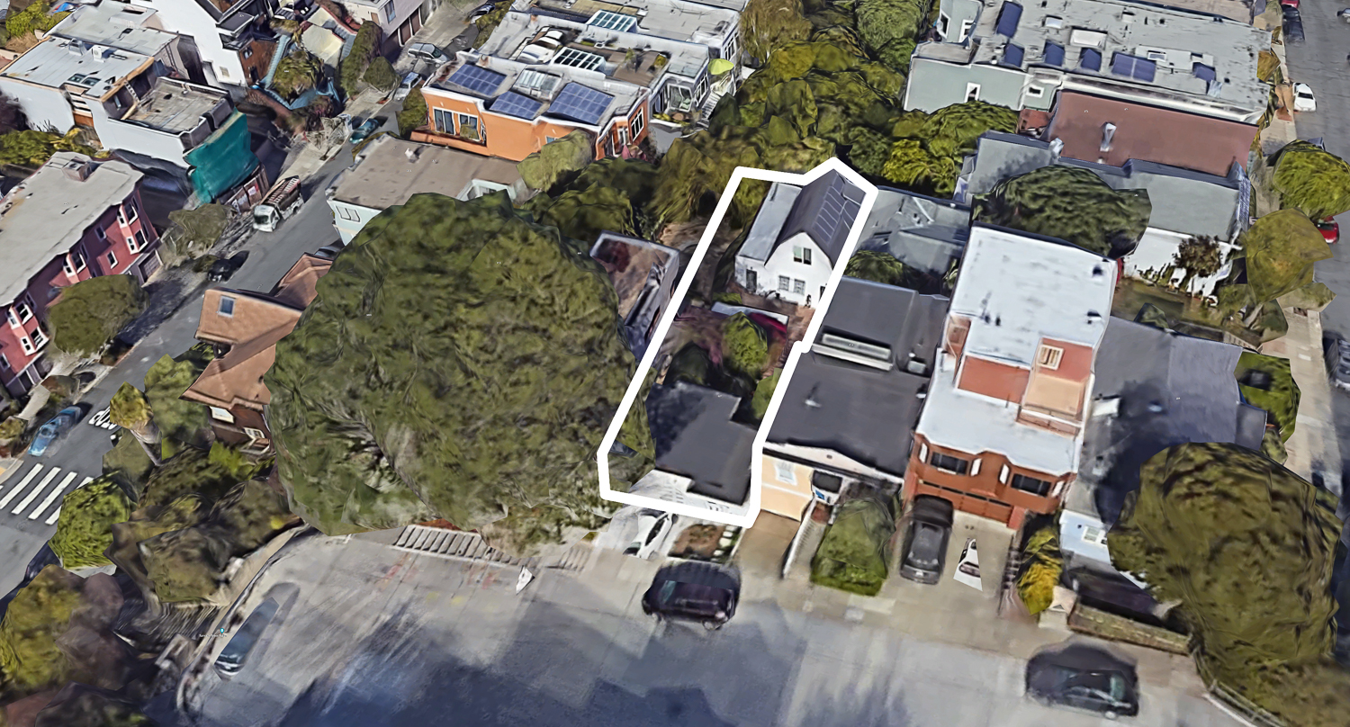 617 Sanchez Street aerial view approximately outlined by SFYIMBY, image by Google Satellite
