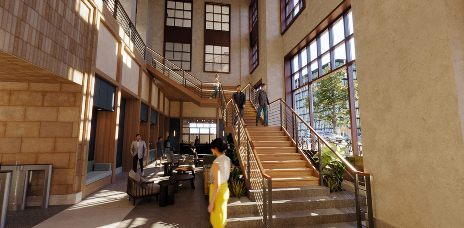 Anchor House lobby along Oxford Street, rendering by Morris Adjmi Architects