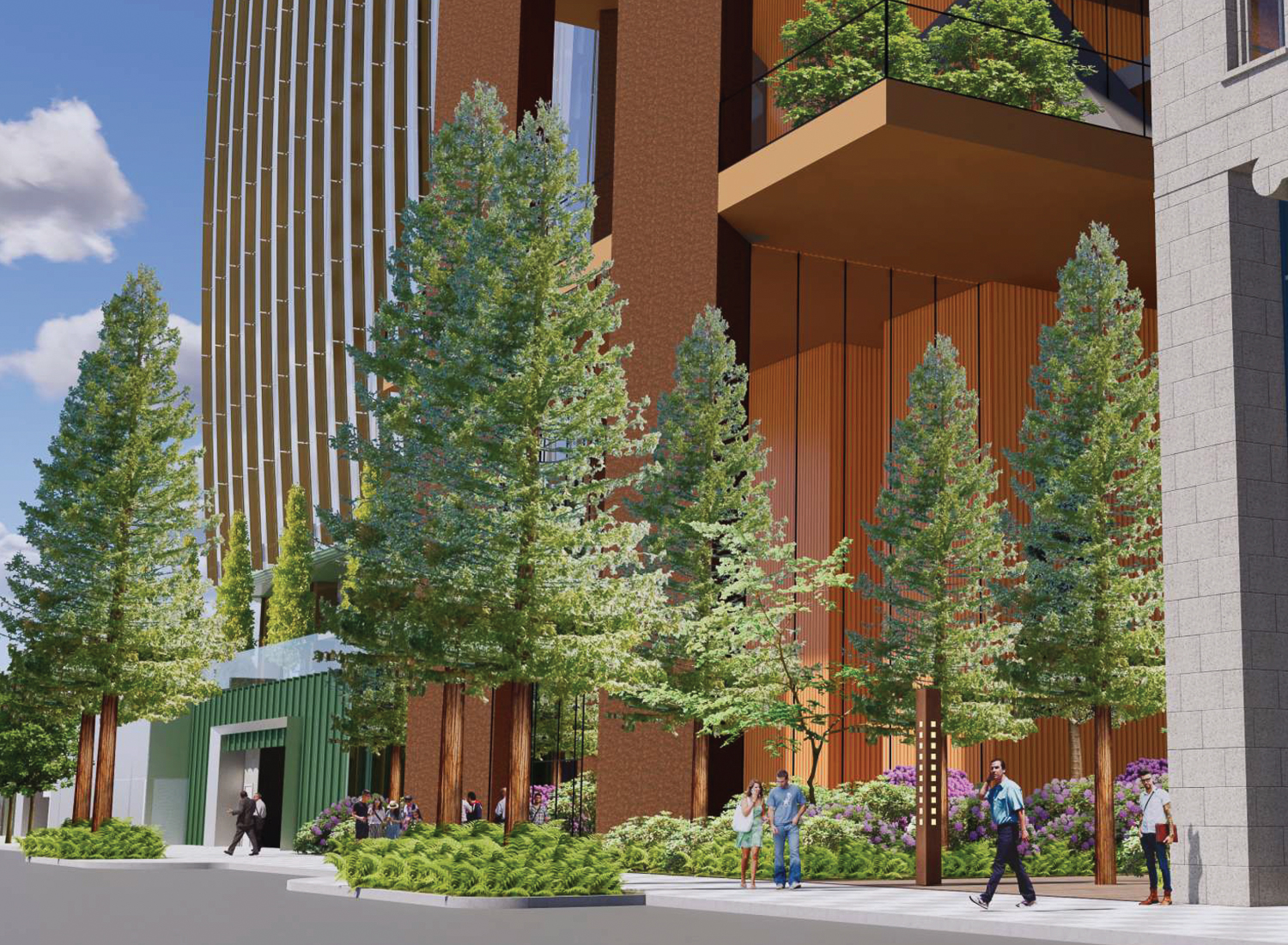Atlas Block looking south at the 50 Main Street entrance, illustration by PWP Landscape Architecture