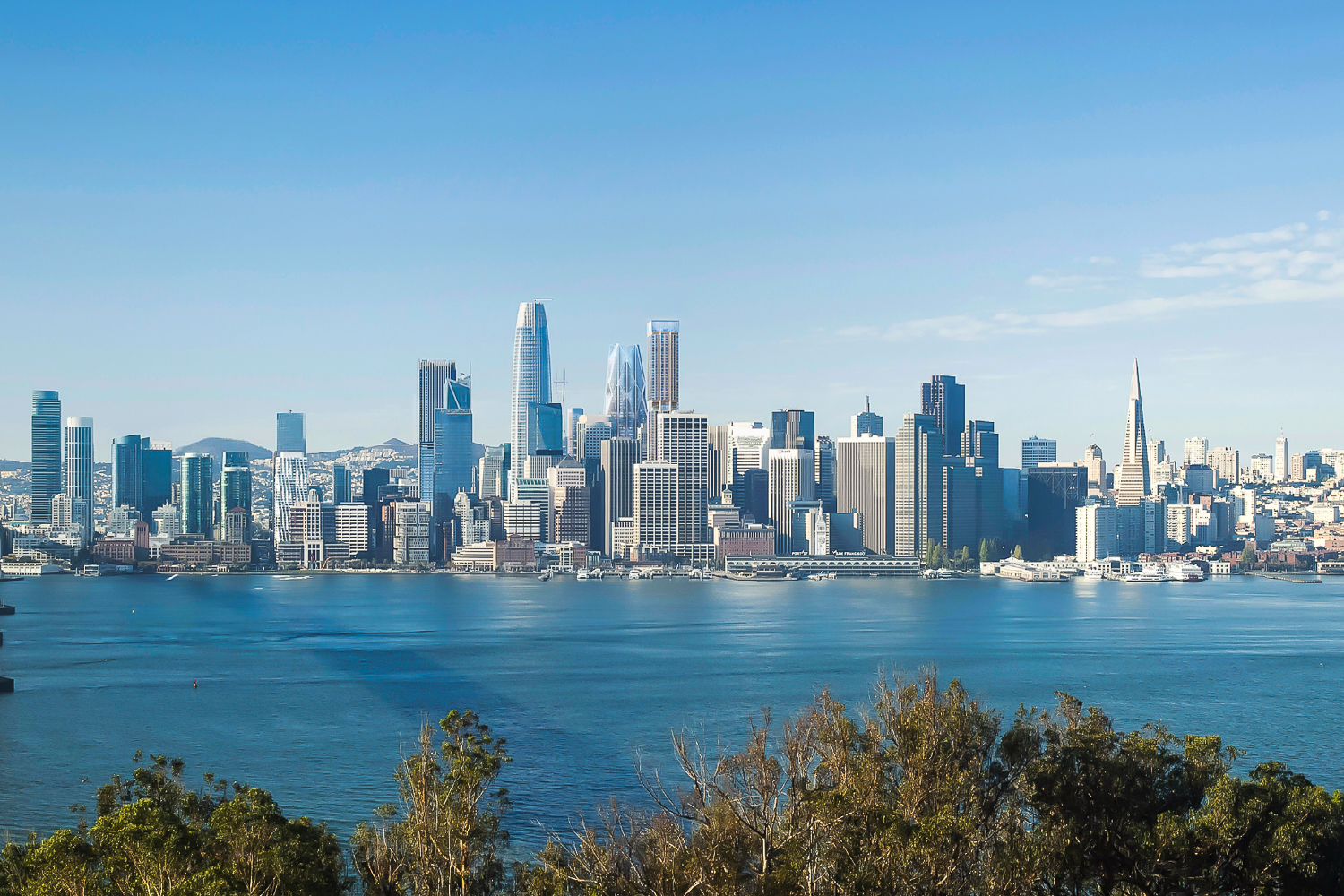 Cropped view of the new rendering for 50 Main Street from Yerba Buena Island, rendering by Foster + Partners courtesy Hines