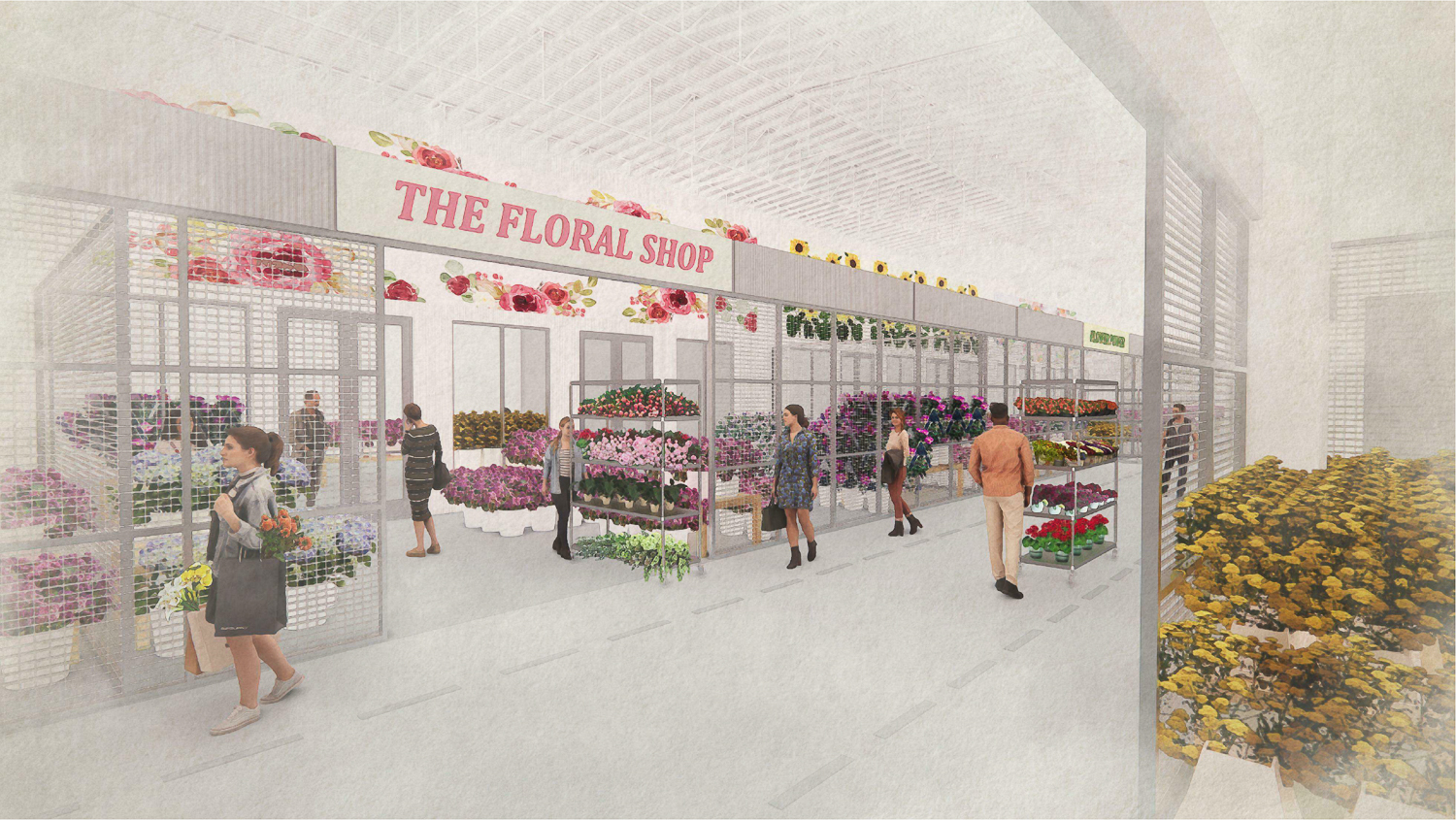 Flower Mart retail stall, rendering by Jackson Liles Architects