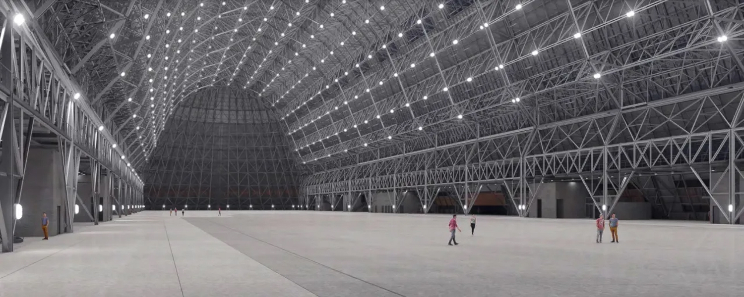 Hangar One at Moffett Federal Airfield interior, rendering of concept by Planetary Ventures