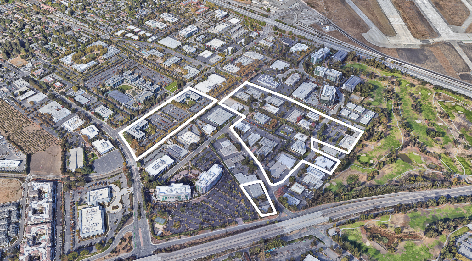 Middlefield Park site map approximately outlined by SF YIMBY, image via Google Satellite