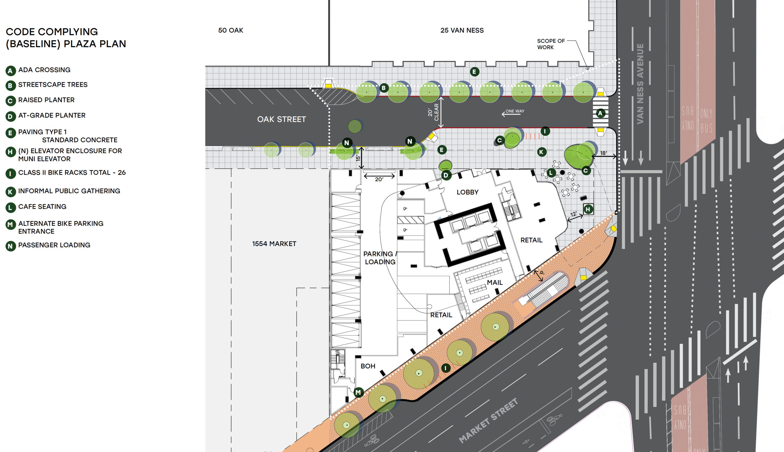 One Oak street scape plan with in kind enhanced design, rendering by Solomon Cordwell Buenz